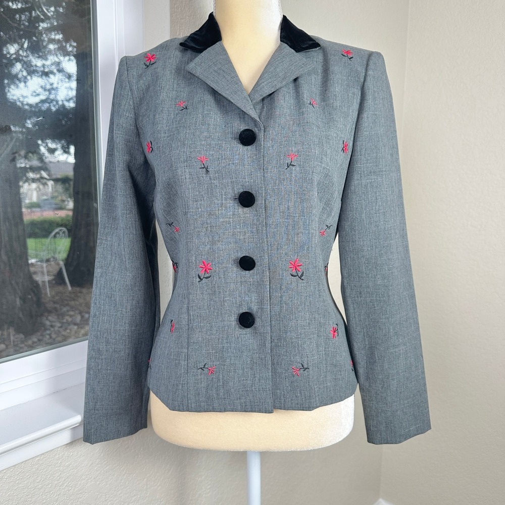 Vintage Halmode Petites Blazer Jacket Womens‎ 6 Gray Embroidered Business Casual